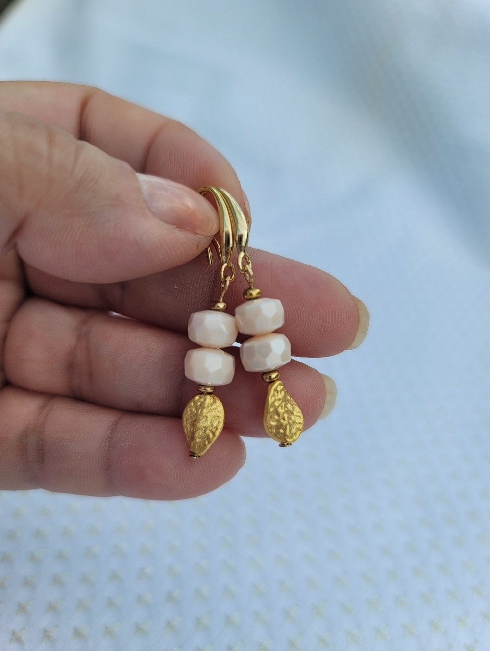 Handmade Pink Glass Gold Dangle Earrings Faceted Rondelle Leaf Charm 1.75"